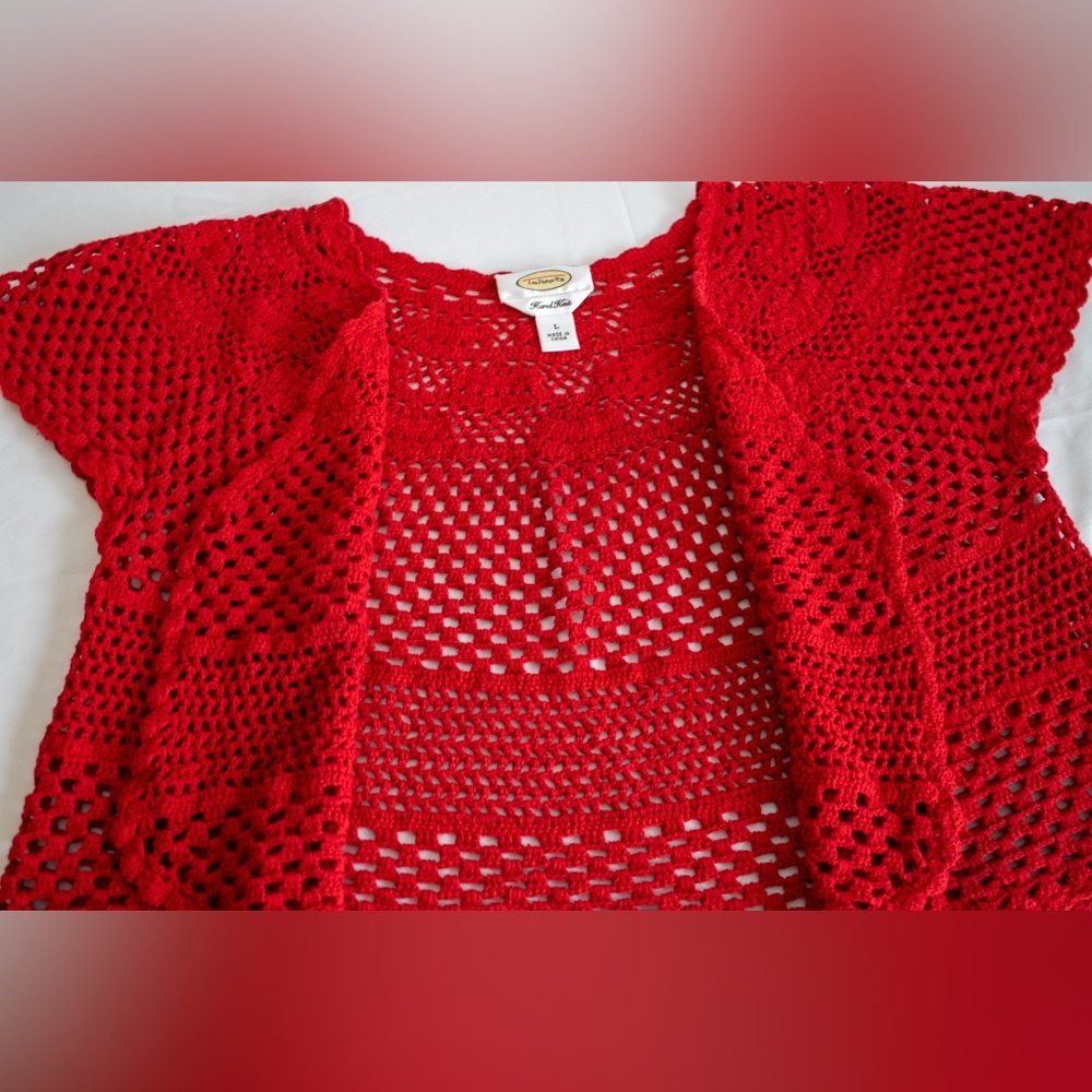 Talbots Hand Knit Red Crochet Button Closure Women’s Short Sleeve Top Size Large - Picture 7 of 11